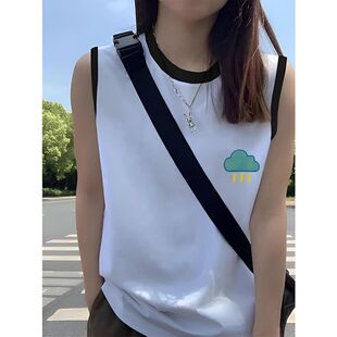 美式 设计感百搭小众拼接撞色ins宽松显瘦上衣 简约风无袖 t恤女夏季
