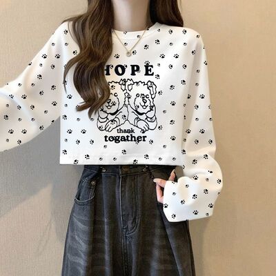 潮流脚印印花短款长袖T恤女生2025新款设计感小众美式复古上衣服