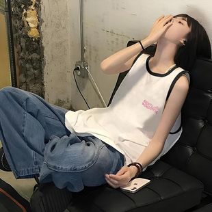 纯棉潮牌无袖 夏季 t恤女士印花运动背心高级外穿宽松显瘦百搭上衣