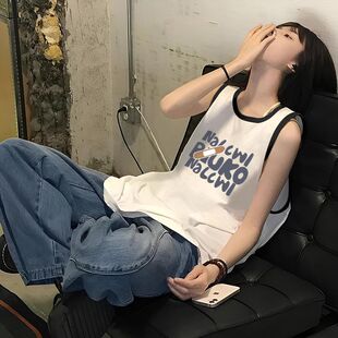 爆款 宽松背心简约上衣 chic通勤气质小众ins纯棉印花无袖 t恤女夏季
