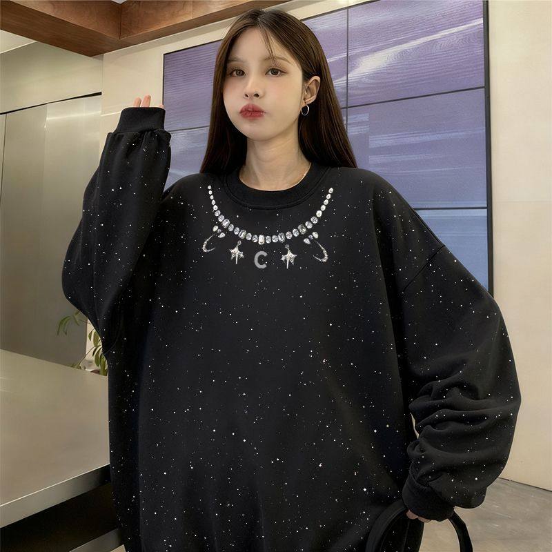 百搭满天星亮片长袖卫衣复古印花女秋冬季慵懒风宽松韩系显瘦上衣