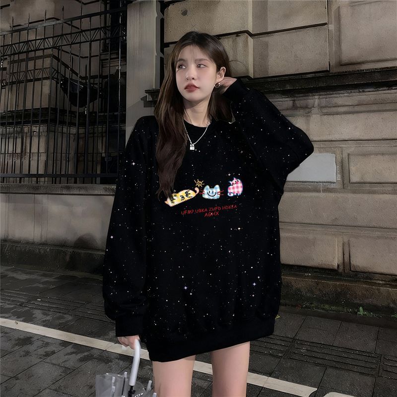 亮片印花原宿风圆领卫衣女秋冬新款韩版加绒宽松满天星百搭上衣潮