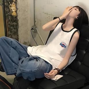 美式 坎显瘦撞色拼接运动上衣T恤 纯棉无袖 背心女外穿宽松ins中长款
