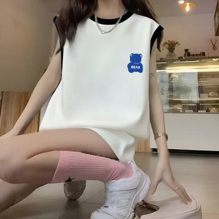 薄款 T恤夏季 女装 印花无袖 拼接背心复古甜美韩系上衣 新款 宽松美式