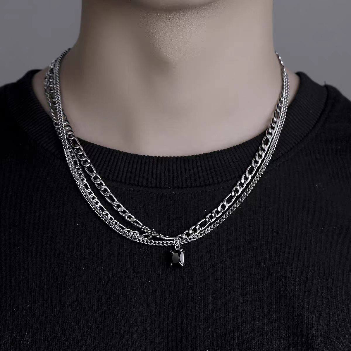 潮流双层项链男潮hiphop
