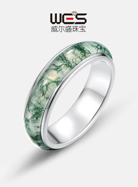 跨境新款简约天然水草玛瑙戒指女S925银镶绿苔藓石食指戒欧美