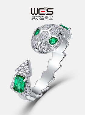 欧美跨境轻奢个性蛇骨戒指女S925银镶培育祖母绿食指蛇戒指环