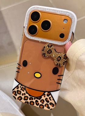 闪粉豹纹手机壳立体蝴蝶结苹果17pro手机壳橙色防摔手机保护套iPhone17新款可爱猫咪16pro卡通新款豹纹手机壳