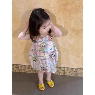 女童蕾丝花边背心裙女宝宝洋气小清新甜美格子公主连衣裙 2025夏季