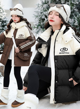 女童撞色拼接棉服中长款