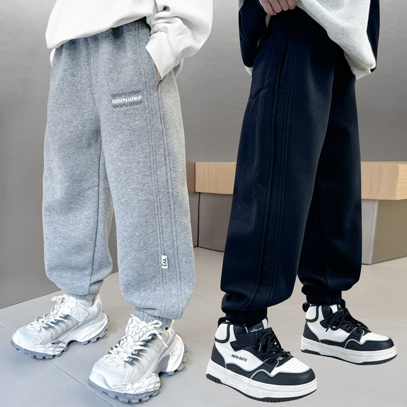 男童冬季加绒裤中大童洋气宽松一体绒休闲裤男孩春秋款儿童运动裤