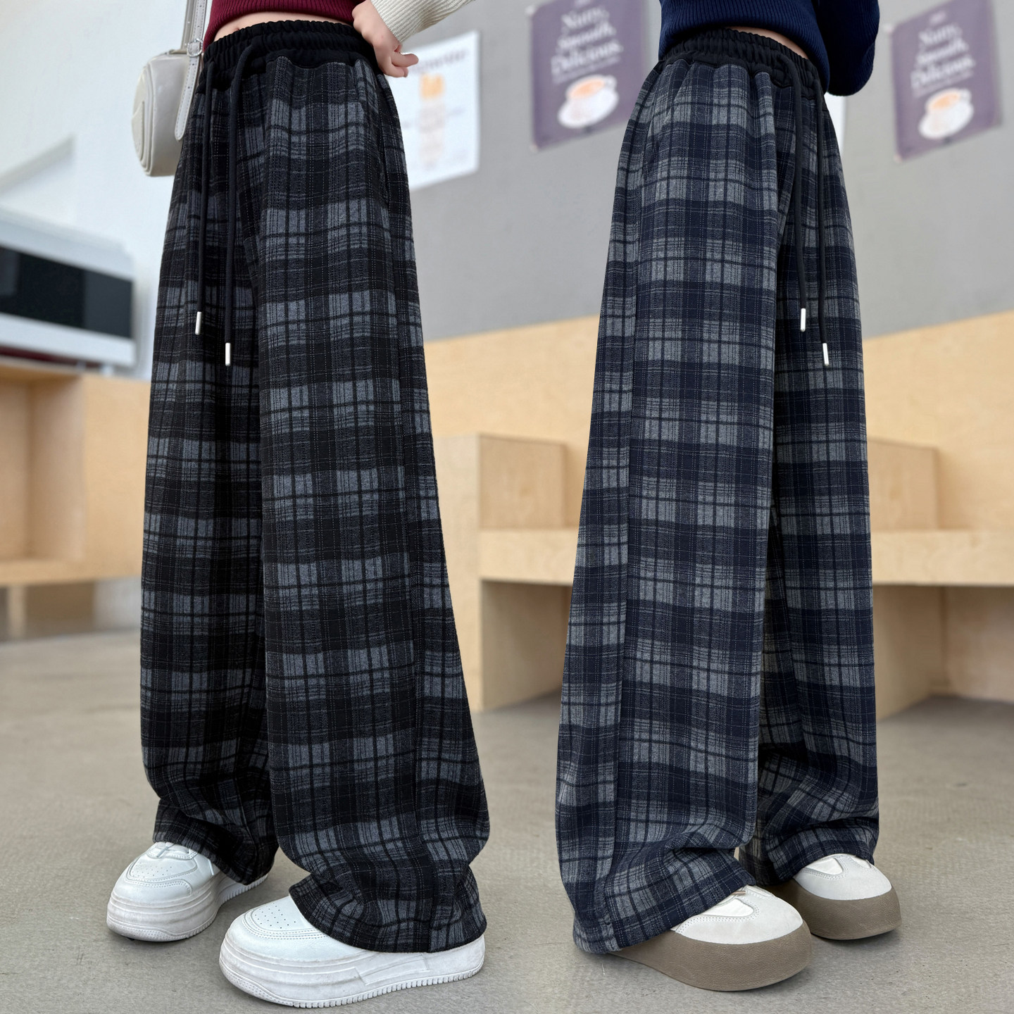 女童裤子秋冬款2026新款儿童休闲裤冬装运动裤女孩格子加绒直筒裤
