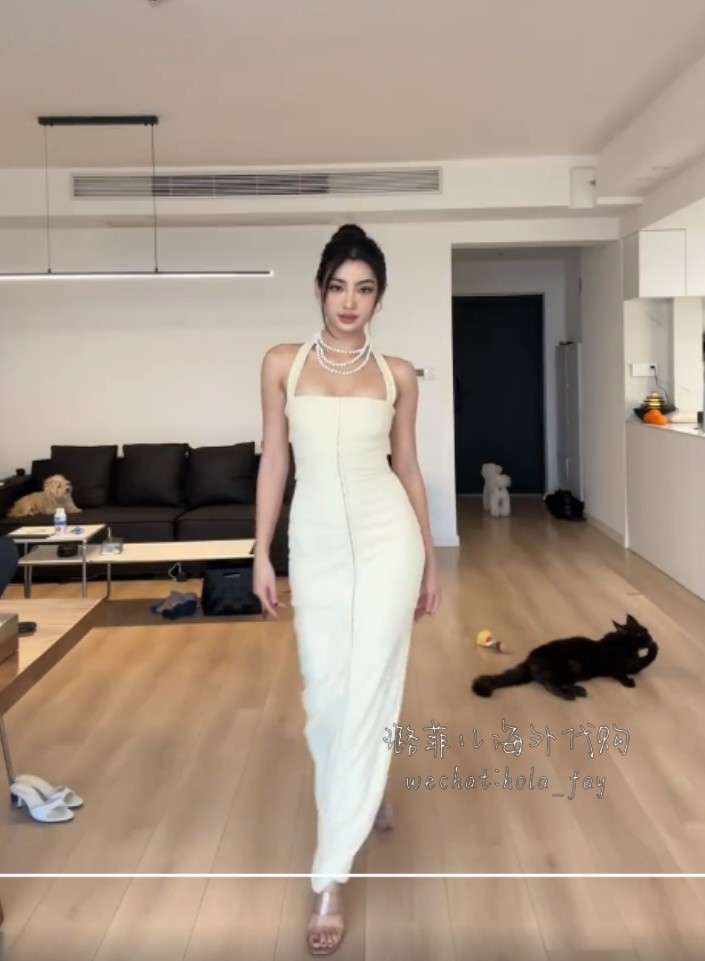 house of cb 代购挂脖收腰长连衣裙