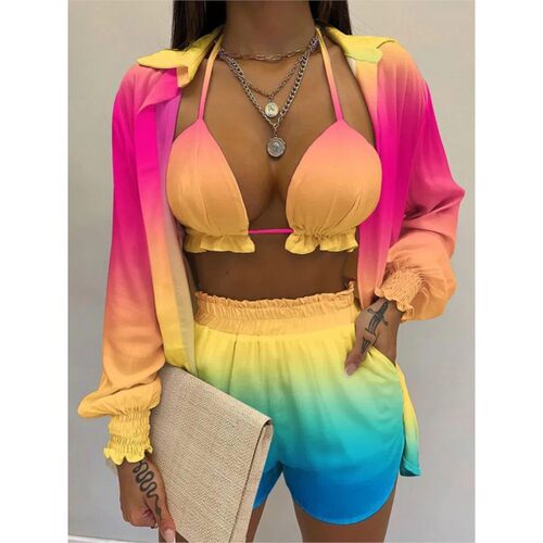 Fashion Print Short Three Piece Set Women Sexy Camisole Shir