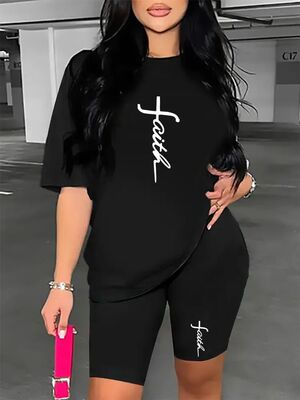 Letter Print Two Piece Set, Short Sleeve T-shirt & Short Leg