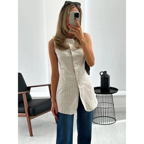 Linen Stripe Women's Vest Sleeveless Office Ladies Top 2024