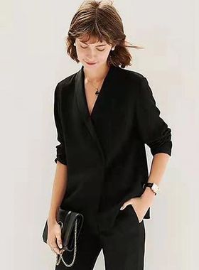 100% Double layer Silk Blouse Formal Shirt Solid Deep V-Neck