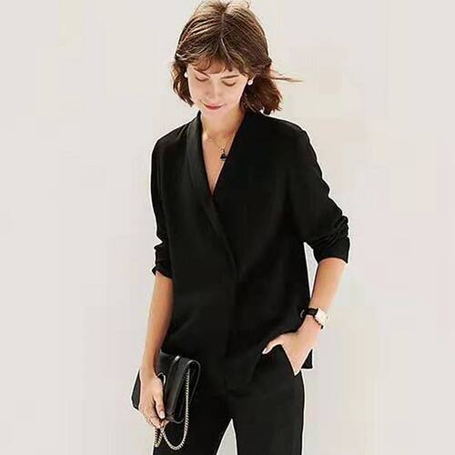 100% Double layer Silk Blouse Formal Shirt Solid Deep V-Neck