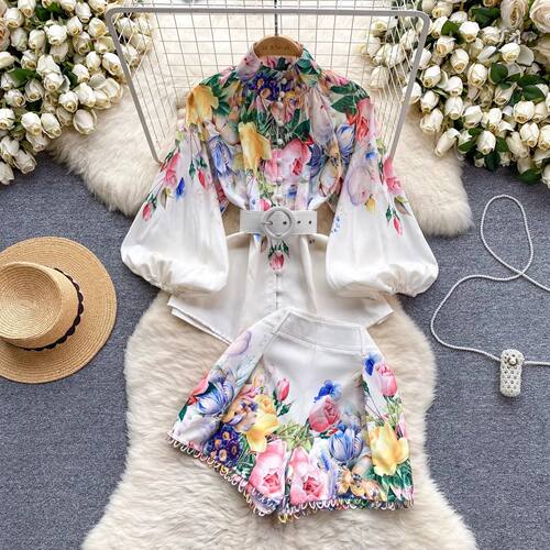 Summer Runway Two Piece Shorts Suit Women Stand Lantern Slee
