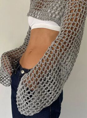Long Sleeve Crochet Top 2024 Summer New Womens Knitted Crop