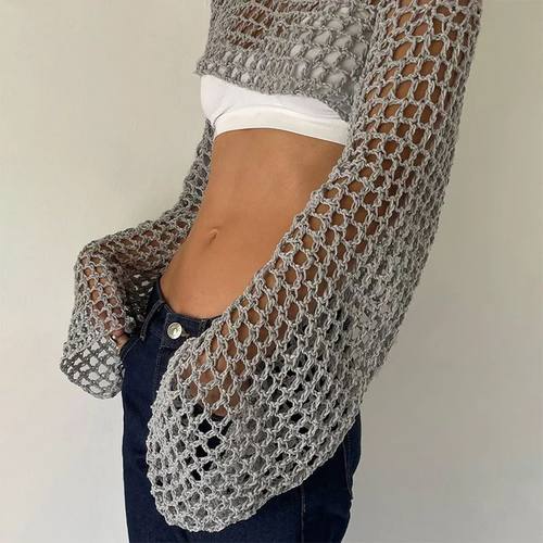 Long Sleeve Crochet Top 2024 Summer New Womens Knitted Crop