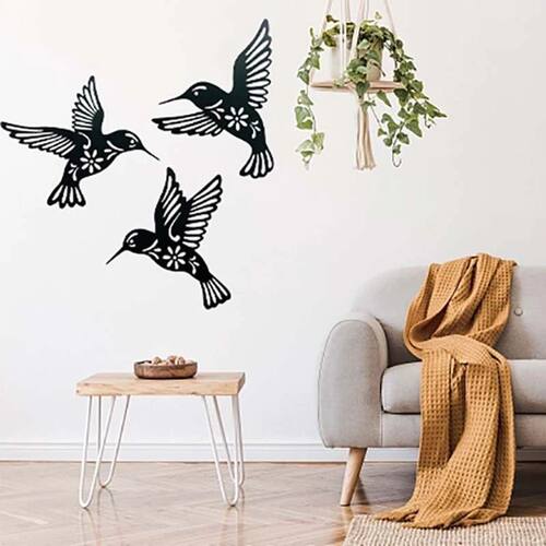 3pc Black Metal Hummingbird Wall Decor Hollow Out Iron Art B