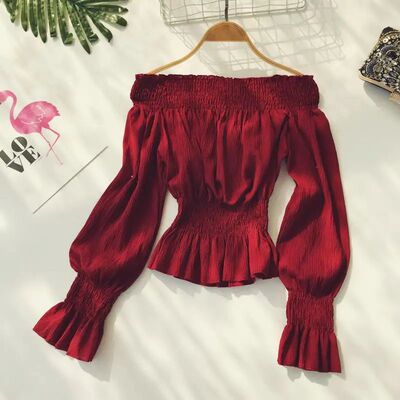 2024 spring new women pure color slash neck elasticity waist