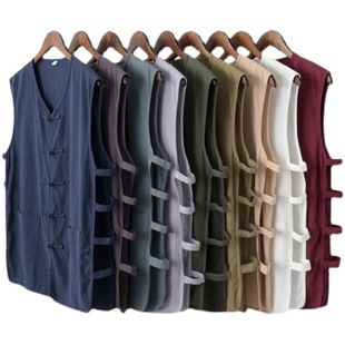Vest Buckle Style Retro Men Linen And Cotton Chinese 2024
