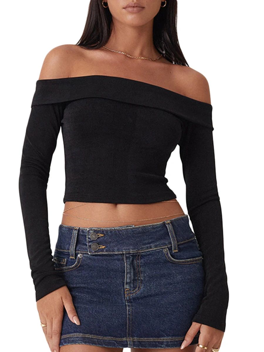 Women s Solid Color Off Shoulder Long Sleeve Crop Top Casual