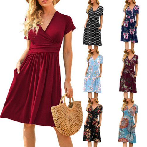 2025 Women's Short Sleeve Printed Pocket Midi Dress In Stock