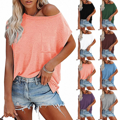 2024 Women's ops Solid Color Pocket Off-shoulder Round Neck
