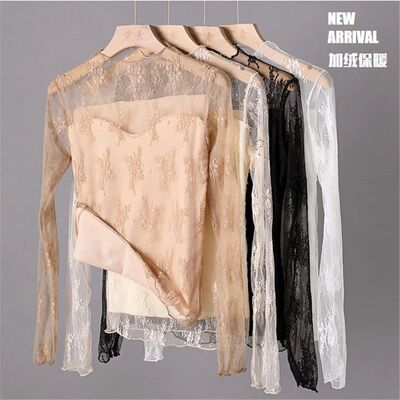 20 Autumn Women Add Velvet Blouse Girl Mesh Patchwork Shirt