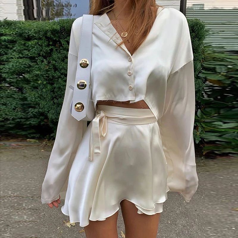 White Elegant Satin 2 Two Piece Set Women Lantern Long Sleev