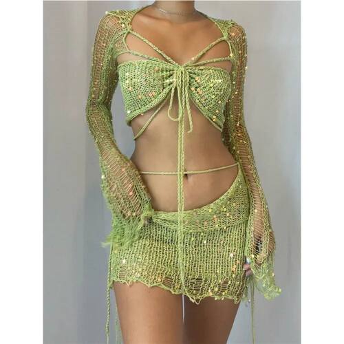 Crochet Knitted Dress Two Piece Skirt Sets 2024 Summer Women