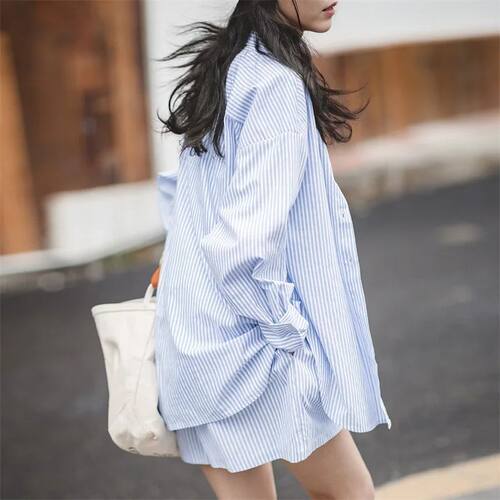 Maden Women's Blue White Striped Shirt and Shorts Sets Loose