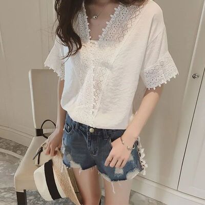 Fashion V neck Blusas  Summer Sexy Women Blouses short Sleev