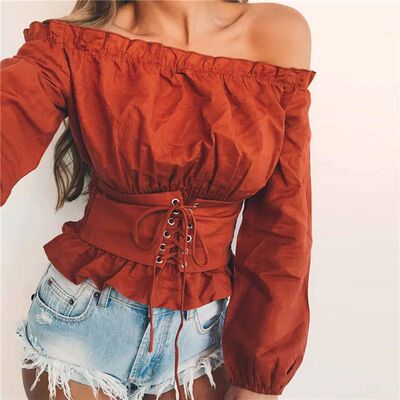 Autumn Sexy off shoulder ruffle long sleeve blouse waistband