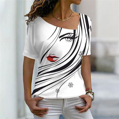 Summer T Shirt V-neck 3d Face Print Women's Tees Y2k Casual