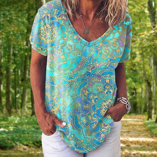 Fashion Women's T-shirt 3d Floral Print ops Tees V Neck Shor