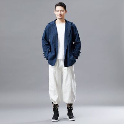 22 One-button Hooded Men's Retro-style Cardigan Ramie Top Et