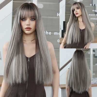 Linen Brown Spotted Long Straight Hair Women Fashion Chemica