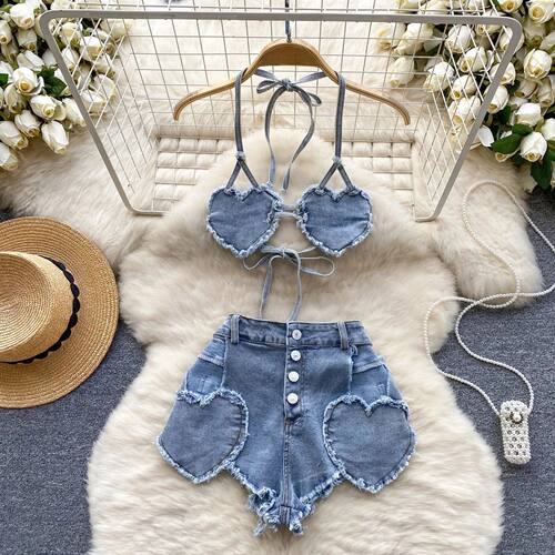 Hotsweet Casual Sexy Women's Denim Set Halter Strap Love Bac
