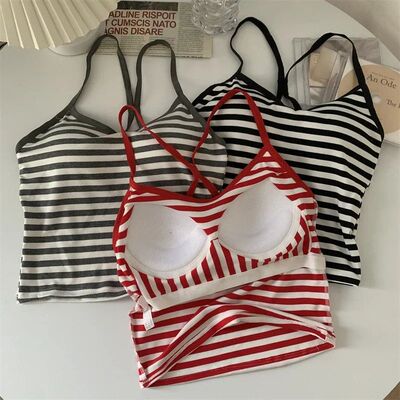 Korea Style Colorblock Striped Camisole Female Summer Cross