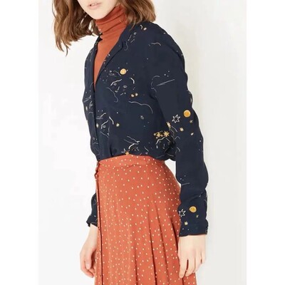 Elfbop Viscose Ladies Starry Moon Printed Notched Long Sleev