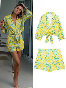 Linen Shirt Lapel Print Single Women Cotton Set Fruit Shorts