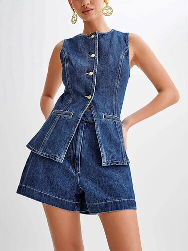 Fashion Denim Shorts Outfits Women Elegant O Neck Sleeveless