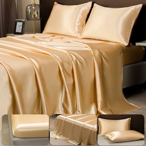 Opulent Solid Color Satin Bedding Set,Includes Flat Sheet, F
