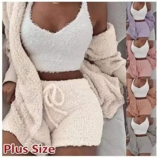Autumn Winter 3 Piece Fluffy Outfits Plush Sexy Backless Fle