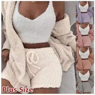 Autumn Winter 3 Piece Fluffy Outfits Plush Sexy Backless Fle