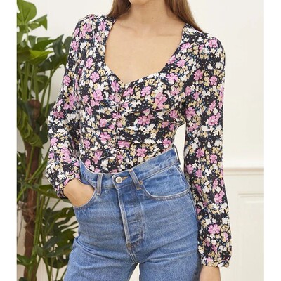 Women 2024 Floral Printed Square Neck Puff Sleeve Blouse Shi